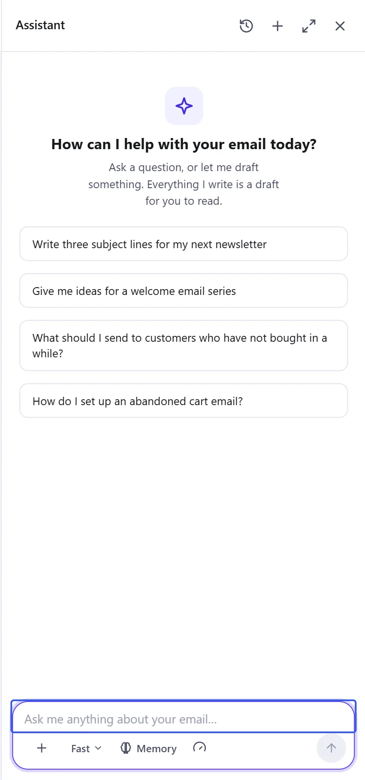 An empty chat with the suggestions and the message box