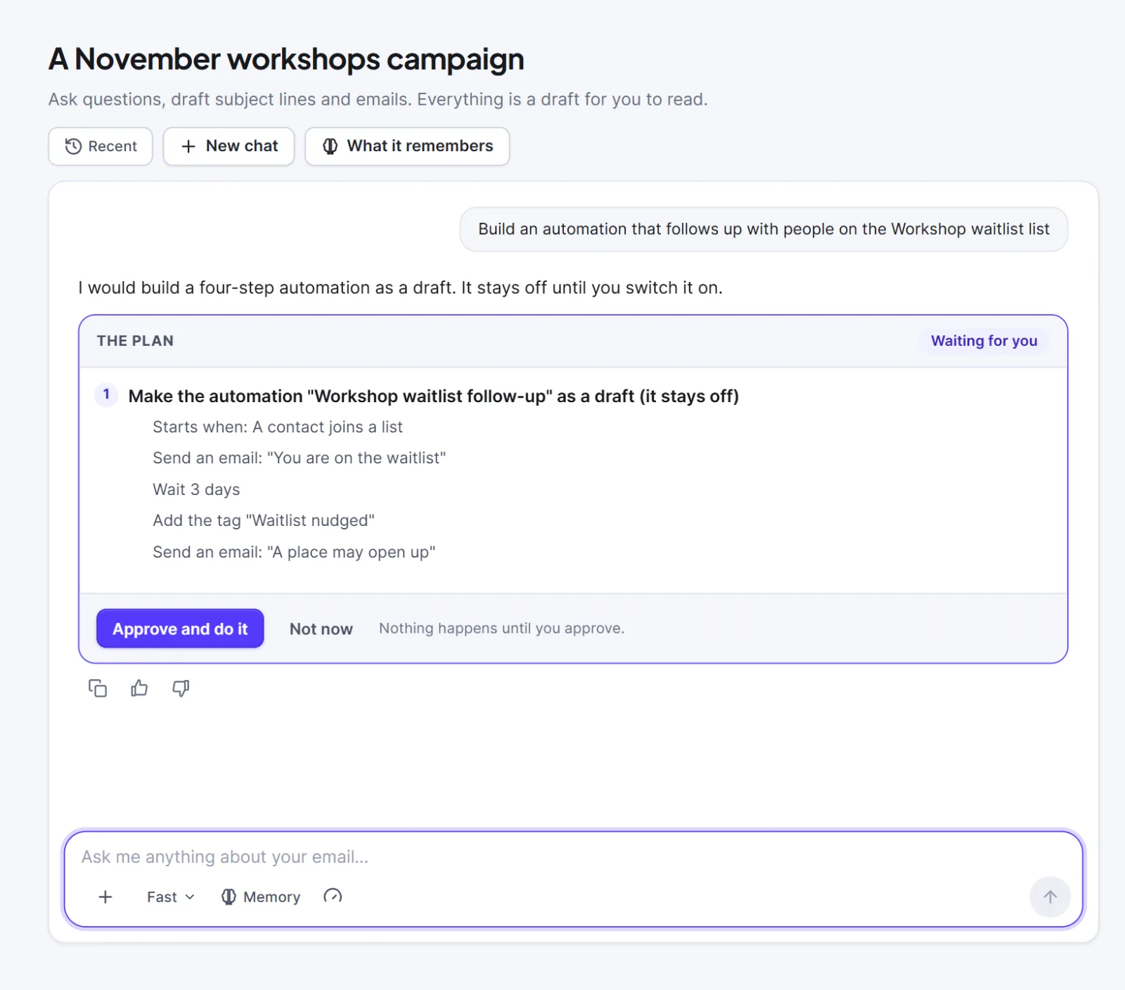 A plan for an automation draft with Approve and do it and Not now