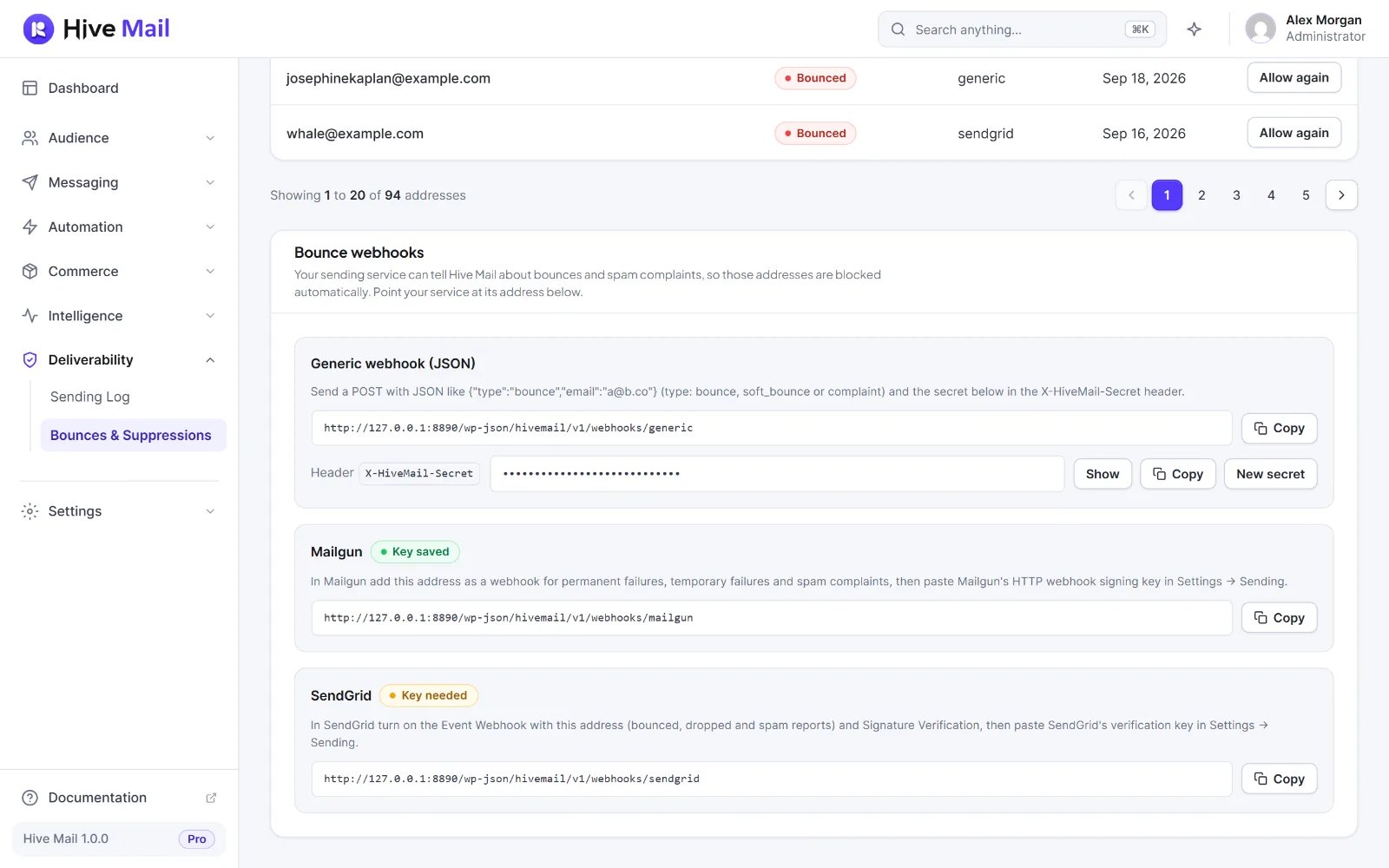 The Bounce webhooks card with the generic, Mailgun and SendGrid addresses