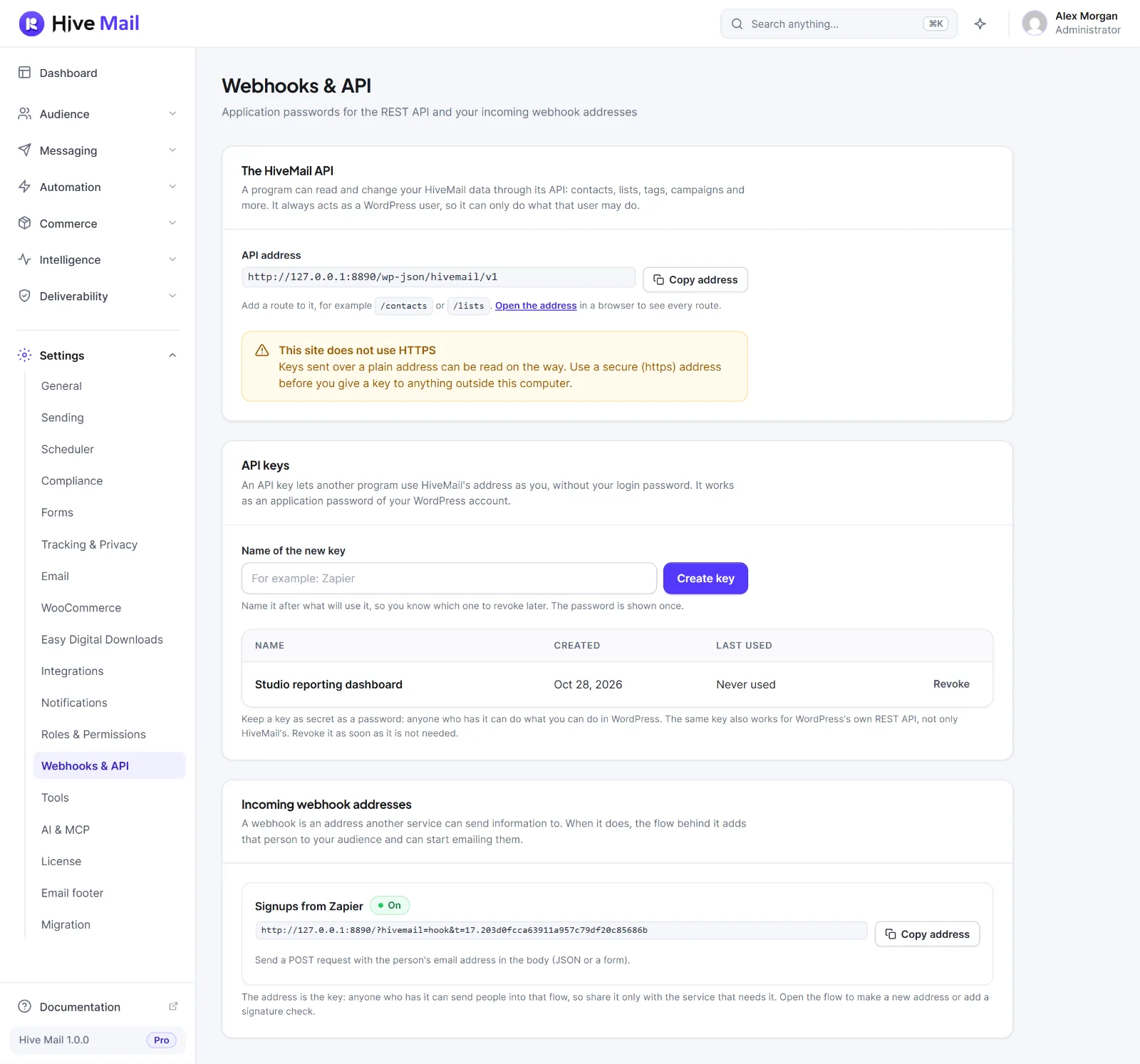The Webhooks & API screen with its three cards