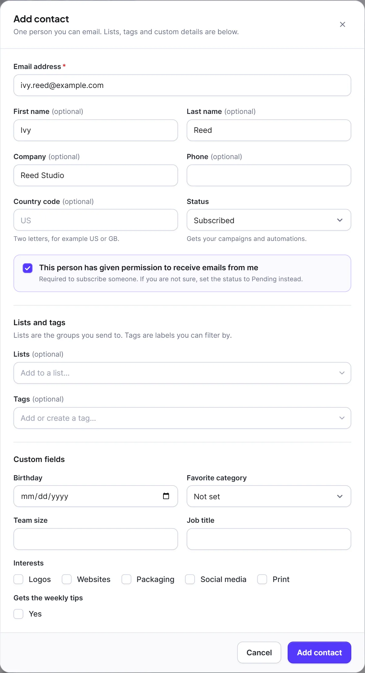 The Add contact dialog with the Subscribed status and the permission box