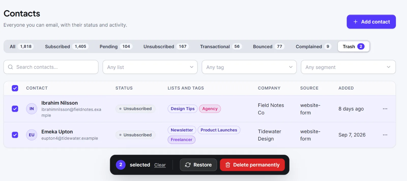 The Trash tab with the Restore and Delete permanently buttons