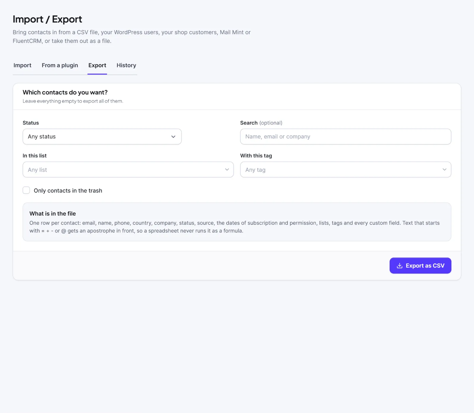 The Export tab with the filter card, the "What is in the file" box and the Export as CSV button.
