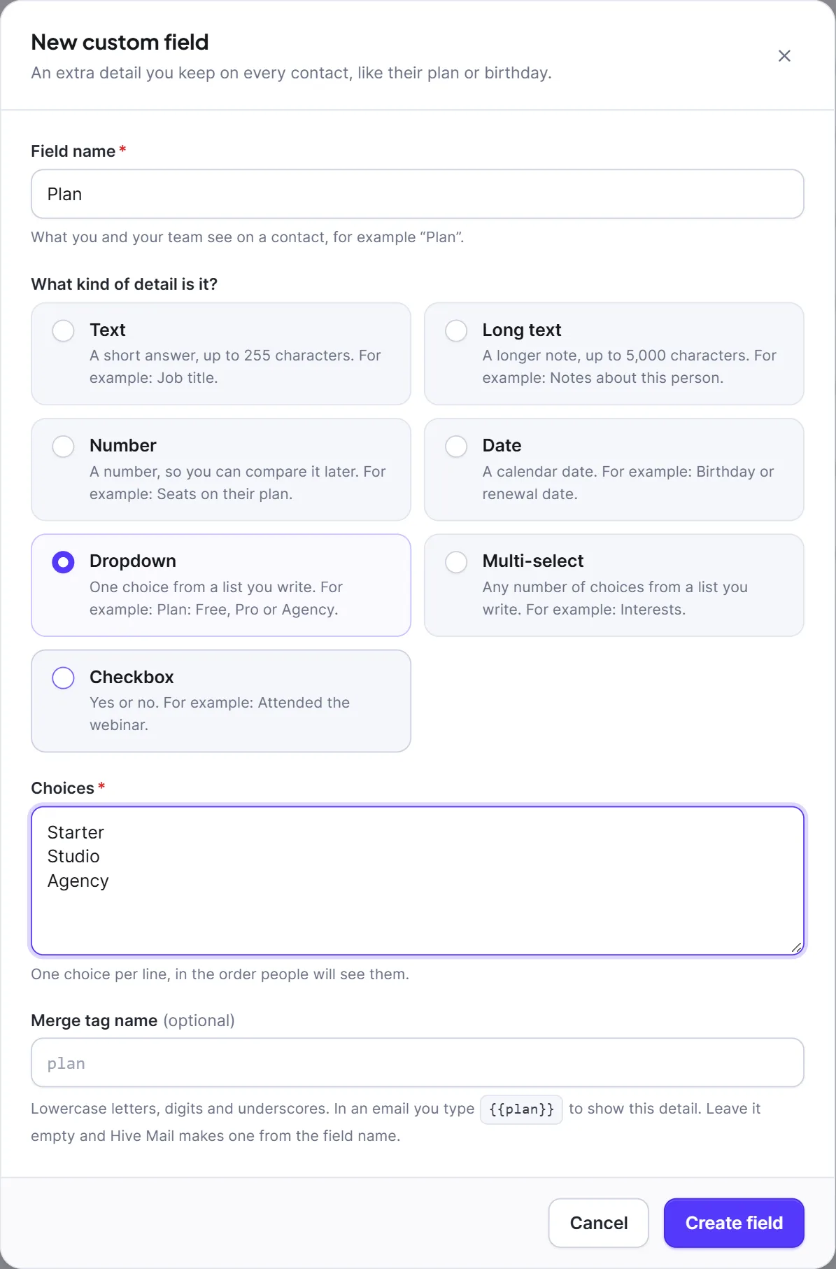 The New field dialog with the seven kinds to choose from