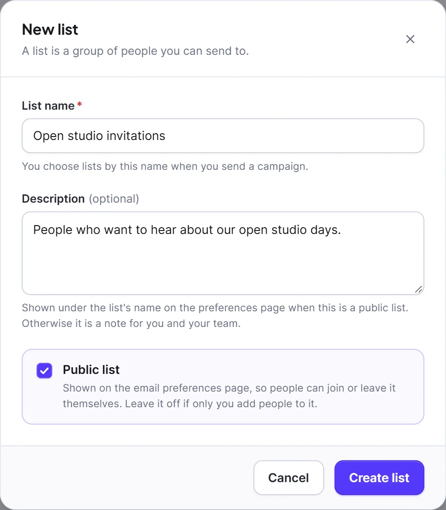 Lists and the public list option 2 The New list dialog with Public list ticked
