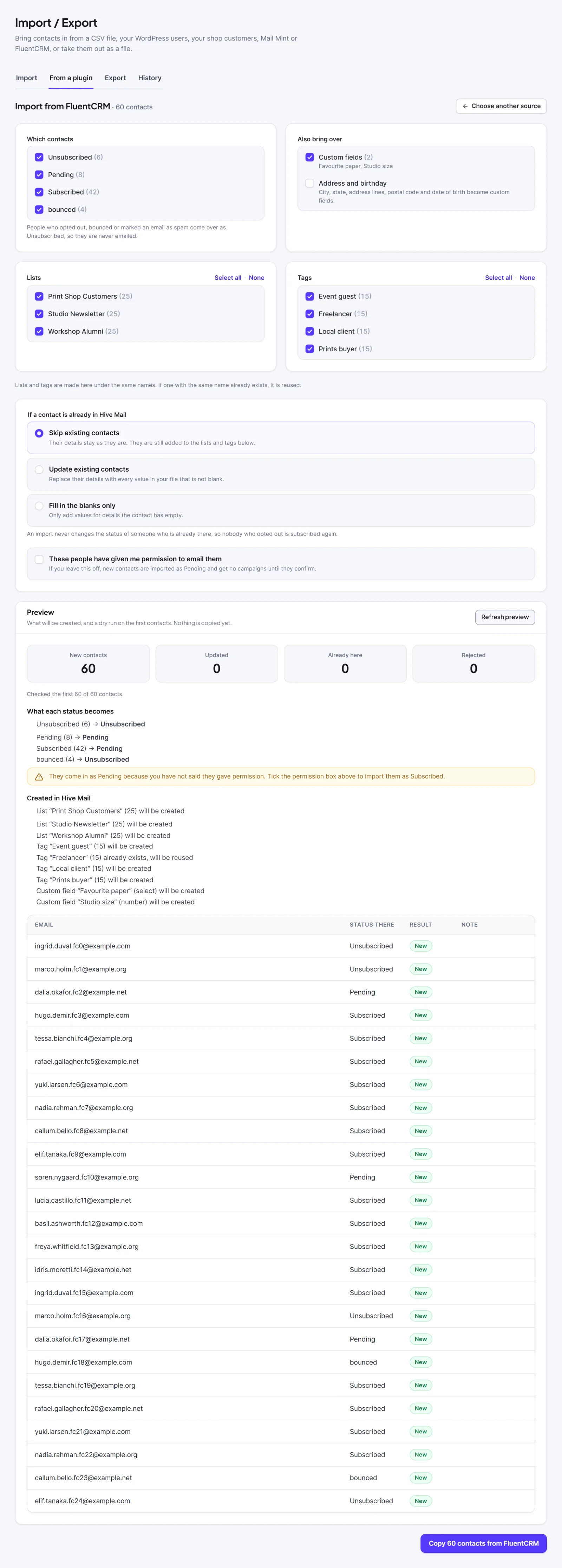 The preview for a copy, with the status mapping and the lists, tags and fields to be created.