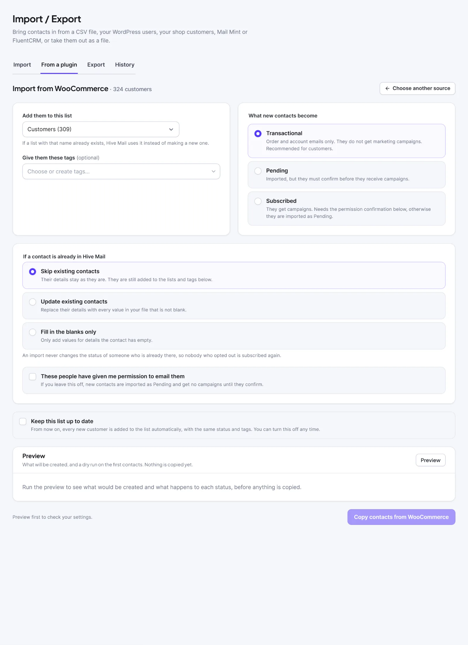 The WooCommerce import screen with the list picker, tag picker and the choices for what new contacts become.