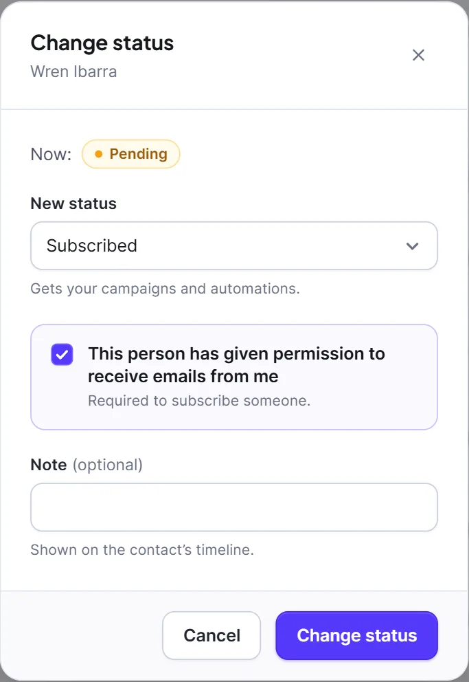 The Change status dialog for a pending contact with the permission box