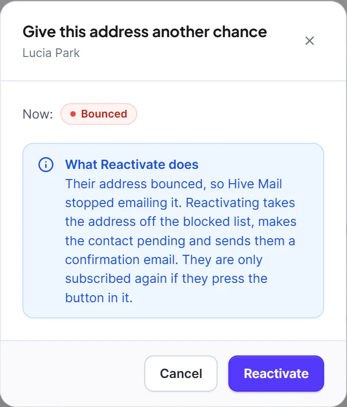The Reactivate dialog for a bounced contact
