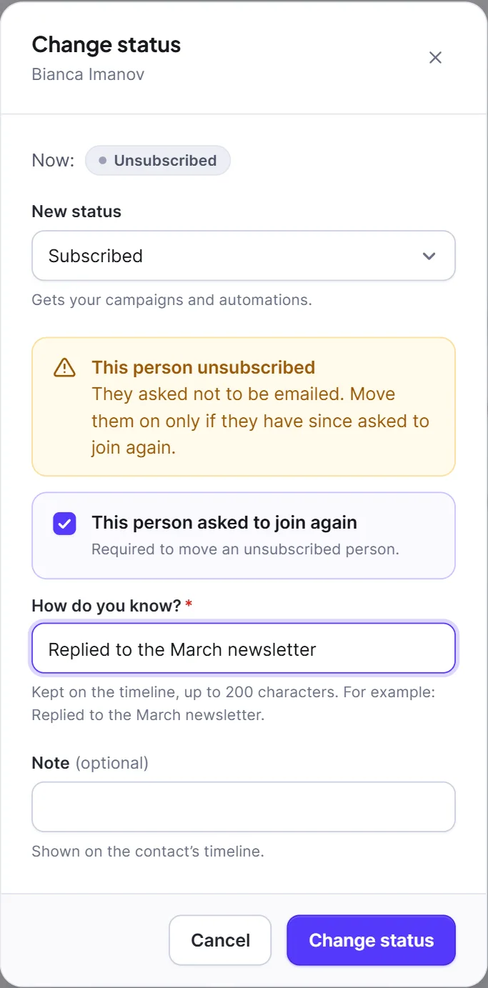 The Change status dialog for an unsubscribed contact with the warning box and How do you know field