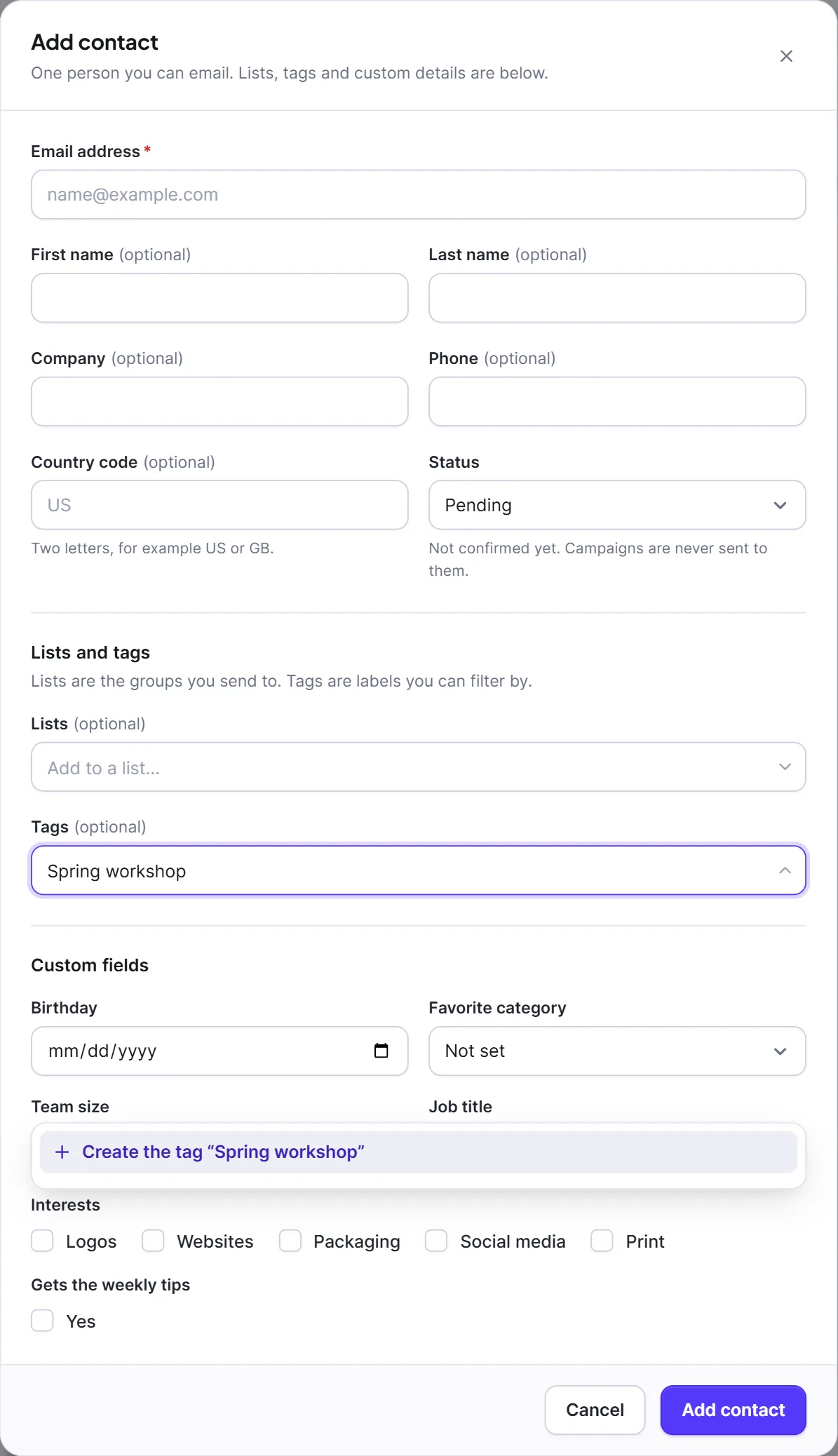 A tag picker open with a new word typed and the Create the tag row