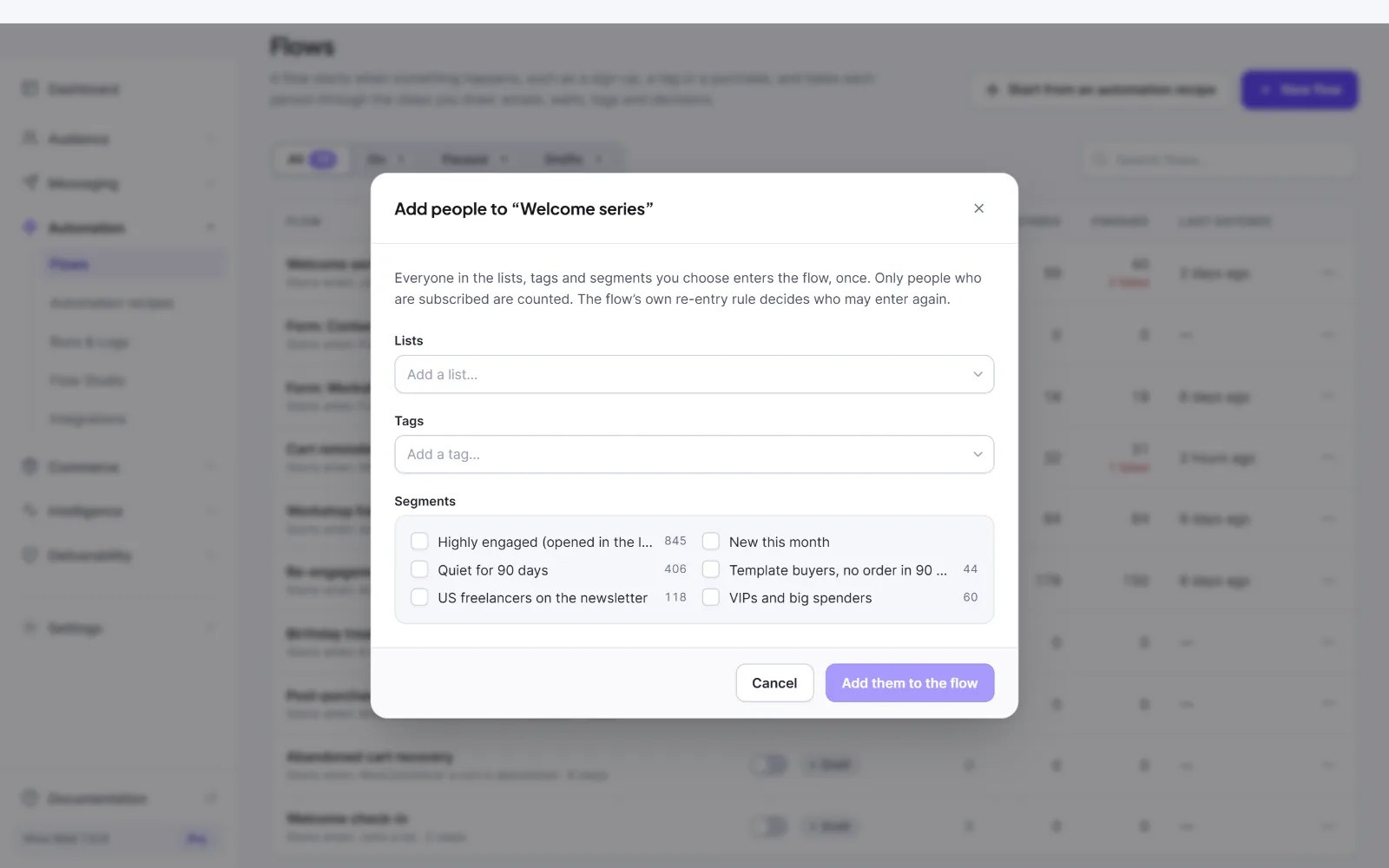 The Add people dialog with its Lists, Tags and Segments choices