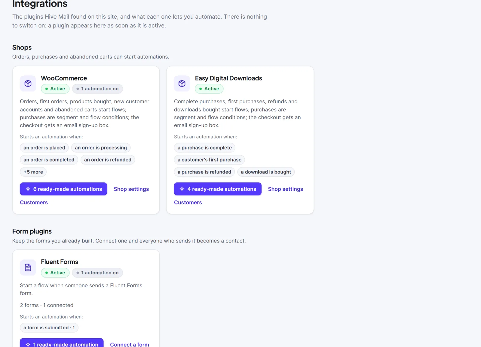The Integrations page with a Shops section and a Form plugins section