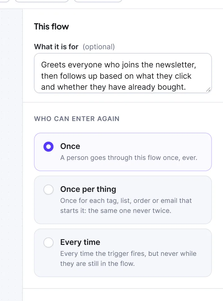 The This flow panel with the three Who can enter again options