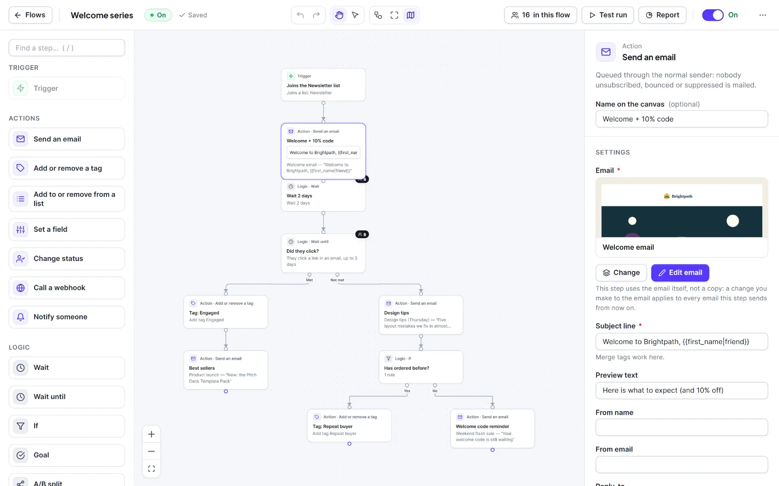 The Send an email step panel with the template thumbnail and the Choose an email and Edit email buttons