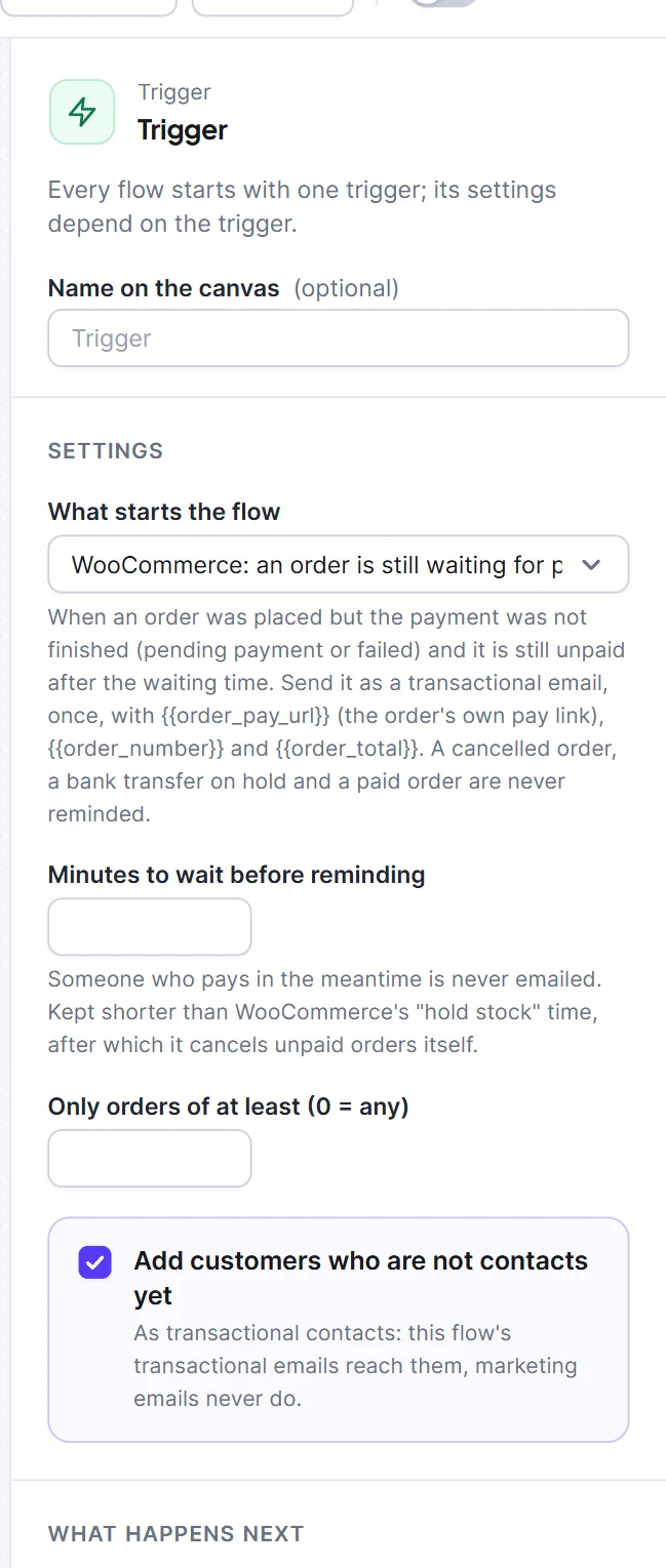 Triggers: every way a flow can start 3 The settings of the WooCommerce trigger for an order that is still waiting for payment