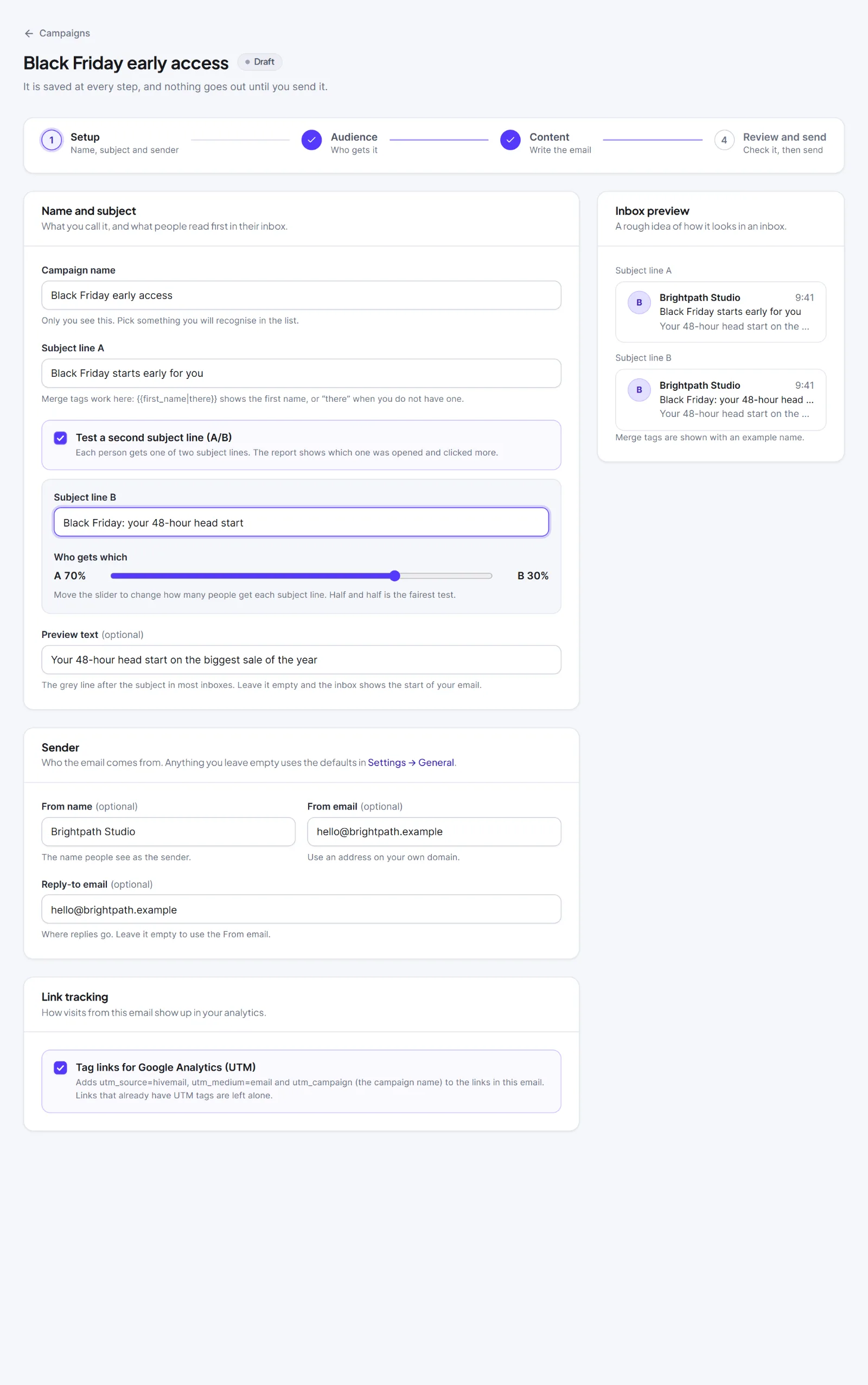 Step 1 with the A/B box ticked, subject line B filled in and the slider at 70 and 30