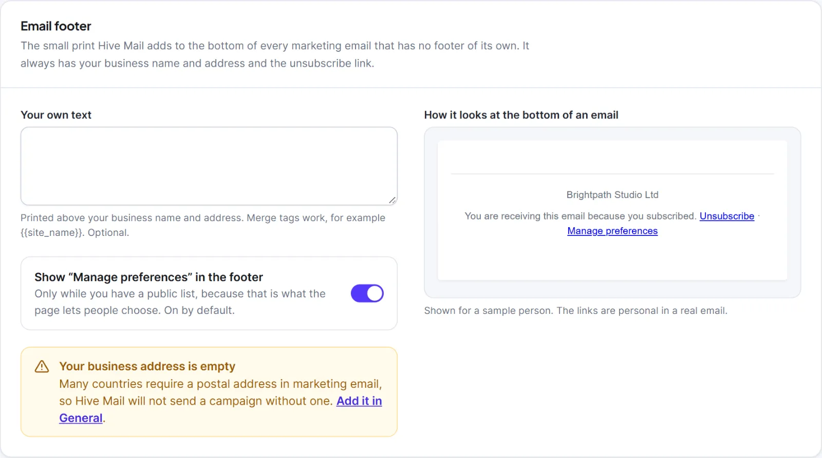 hivemail campaigns footer settings 09