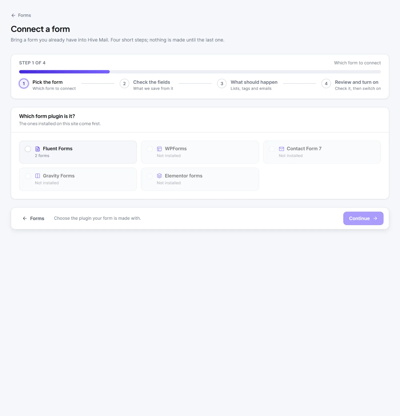 Step 1 with five plugin cards, one marked Not installed, and a list of forms below.