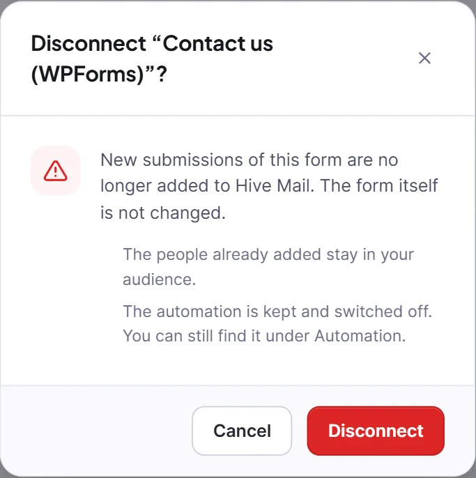The Disconnect dialog listing what stays and what stops.