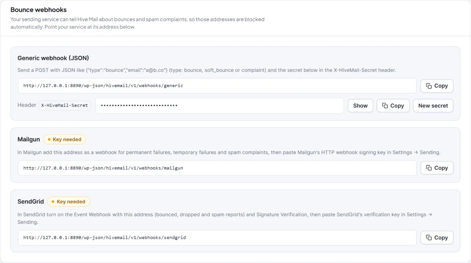 The Bounce webhooks card with the Generic, Mailgun and SendGrid blocks