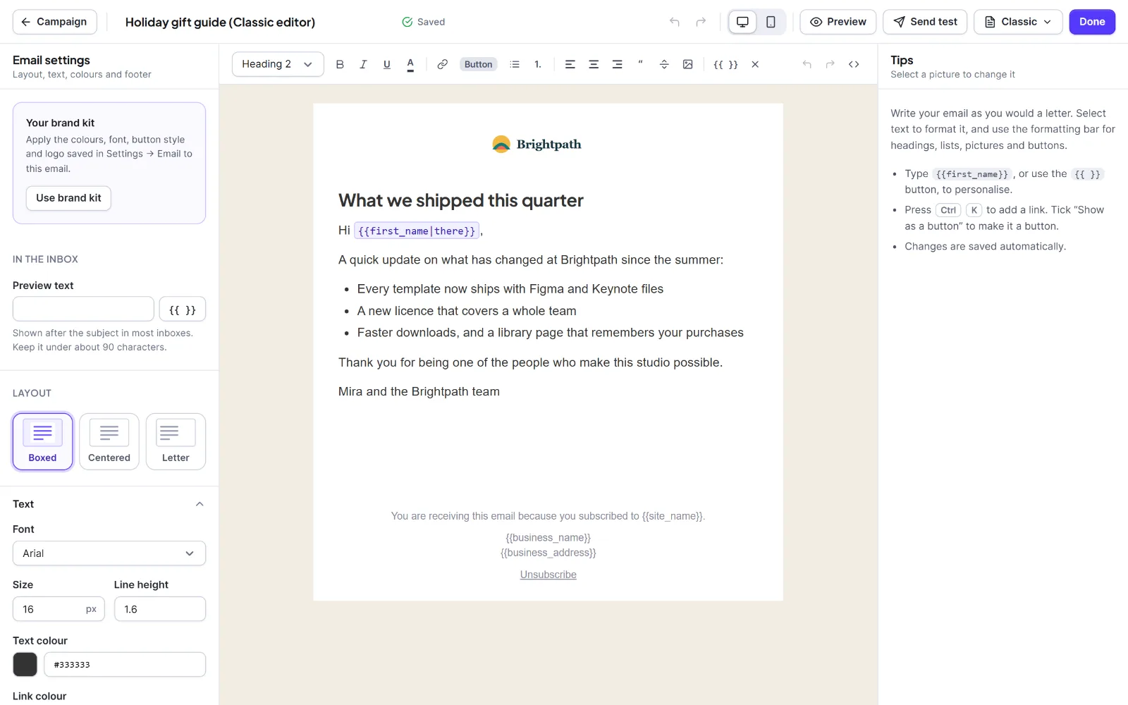 The Classic, Plain text and HTML editors 1 The Classic editor with the Boxed layout, formatting bar and Tips panel