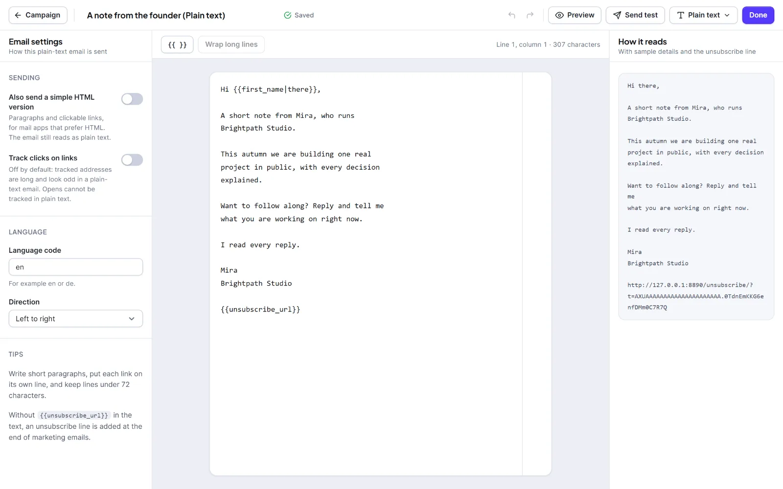 The Classic, Plain text and HTML editors 2 The Plain text editor with the 72-character guide and the How it reads panel