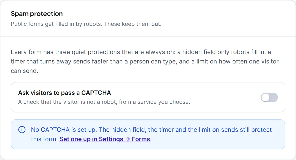 Spam protection and CAPTCHA for signup forms 2 The Spam protection card of a signup form showing the CAPTCHA switch.