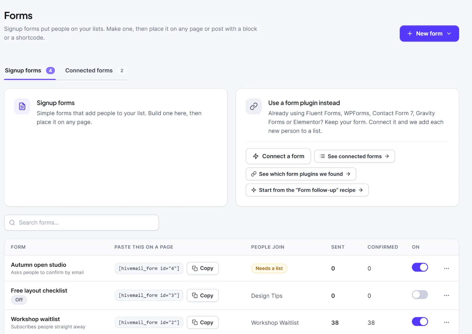 The signup forms list with three forms, one switched off and one that needs a list.