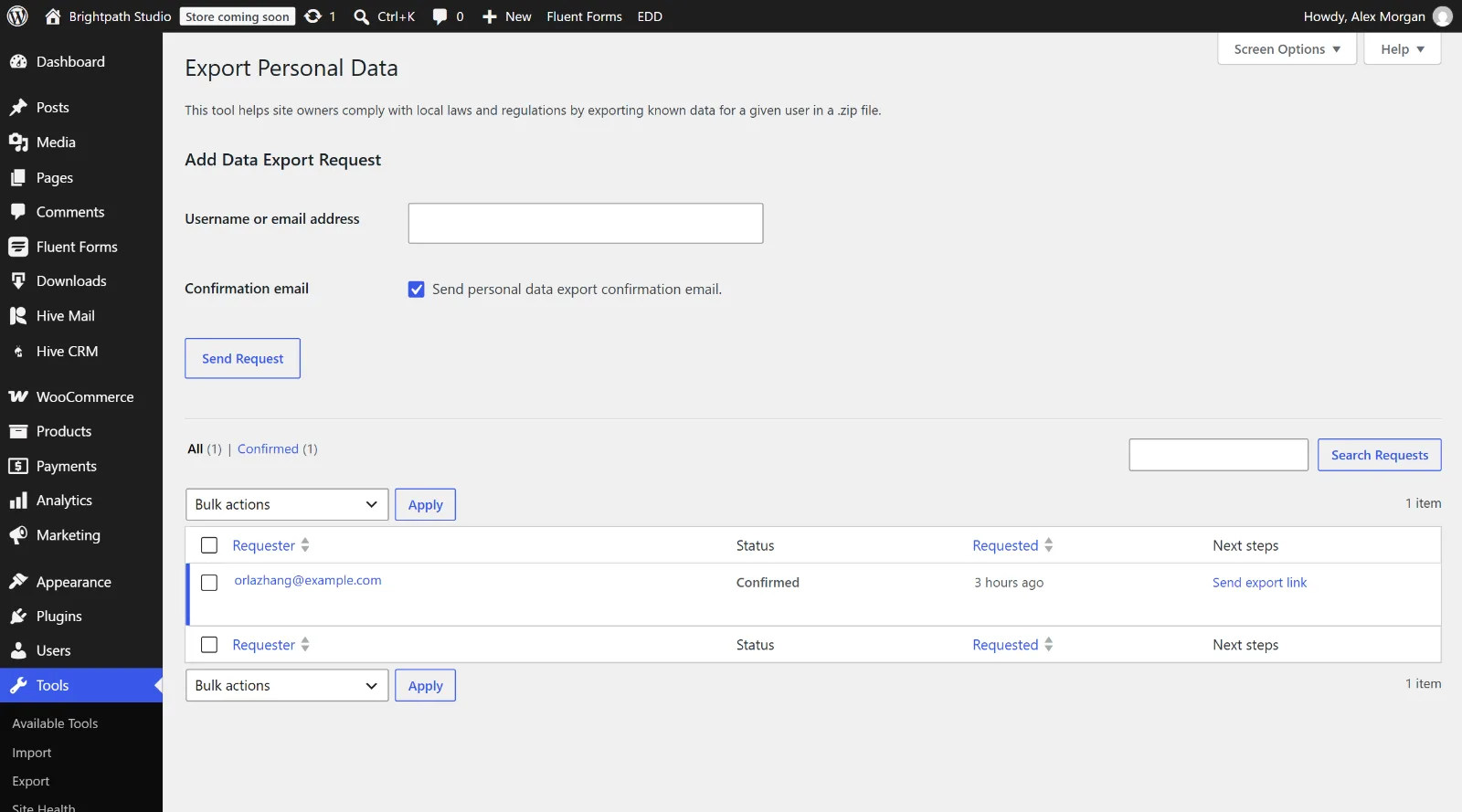 Privacy tools: export and erase a person's data 1 WordPress's Export Personal Data screen with a request for a person