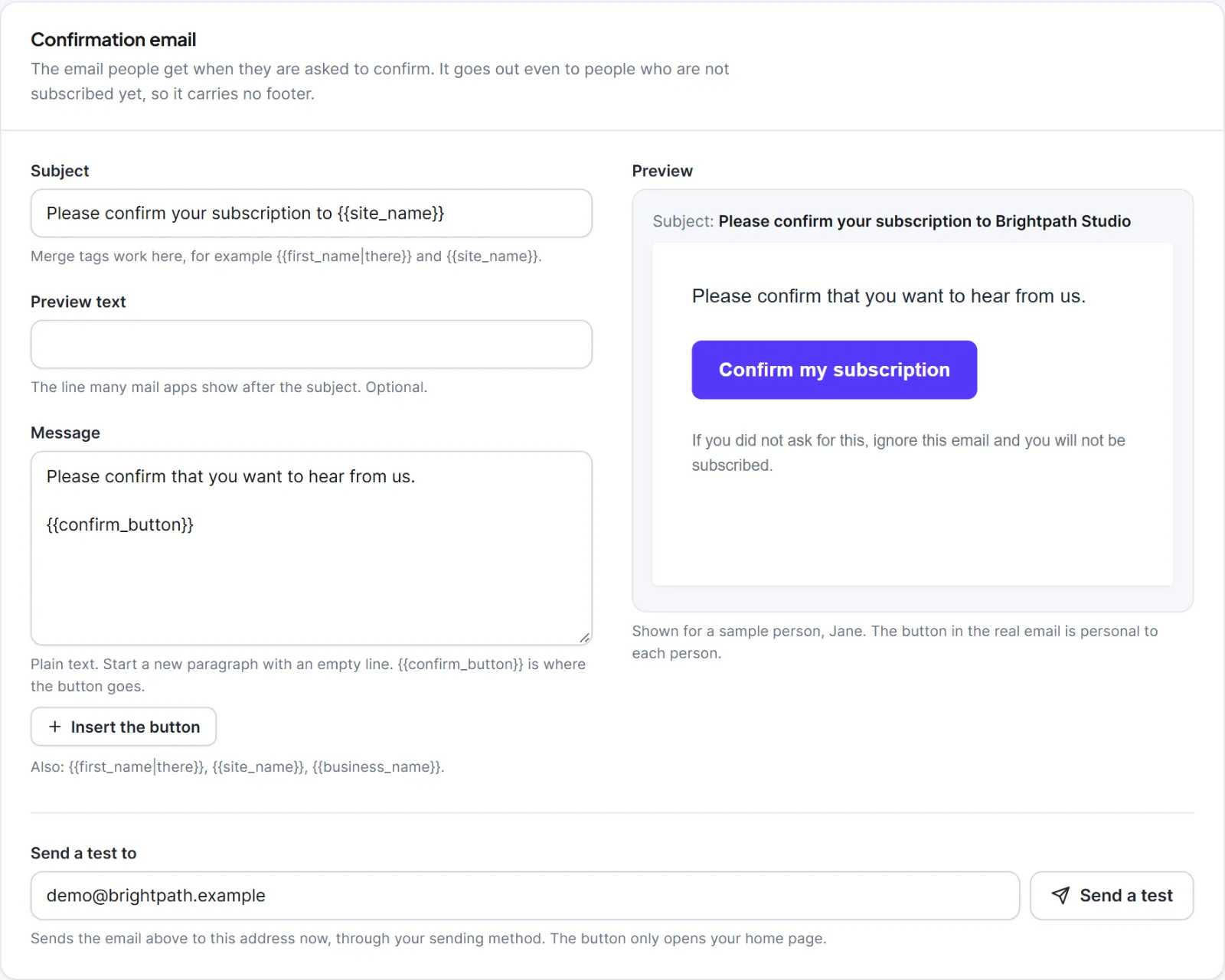 The confirmation email card with its preview and test send