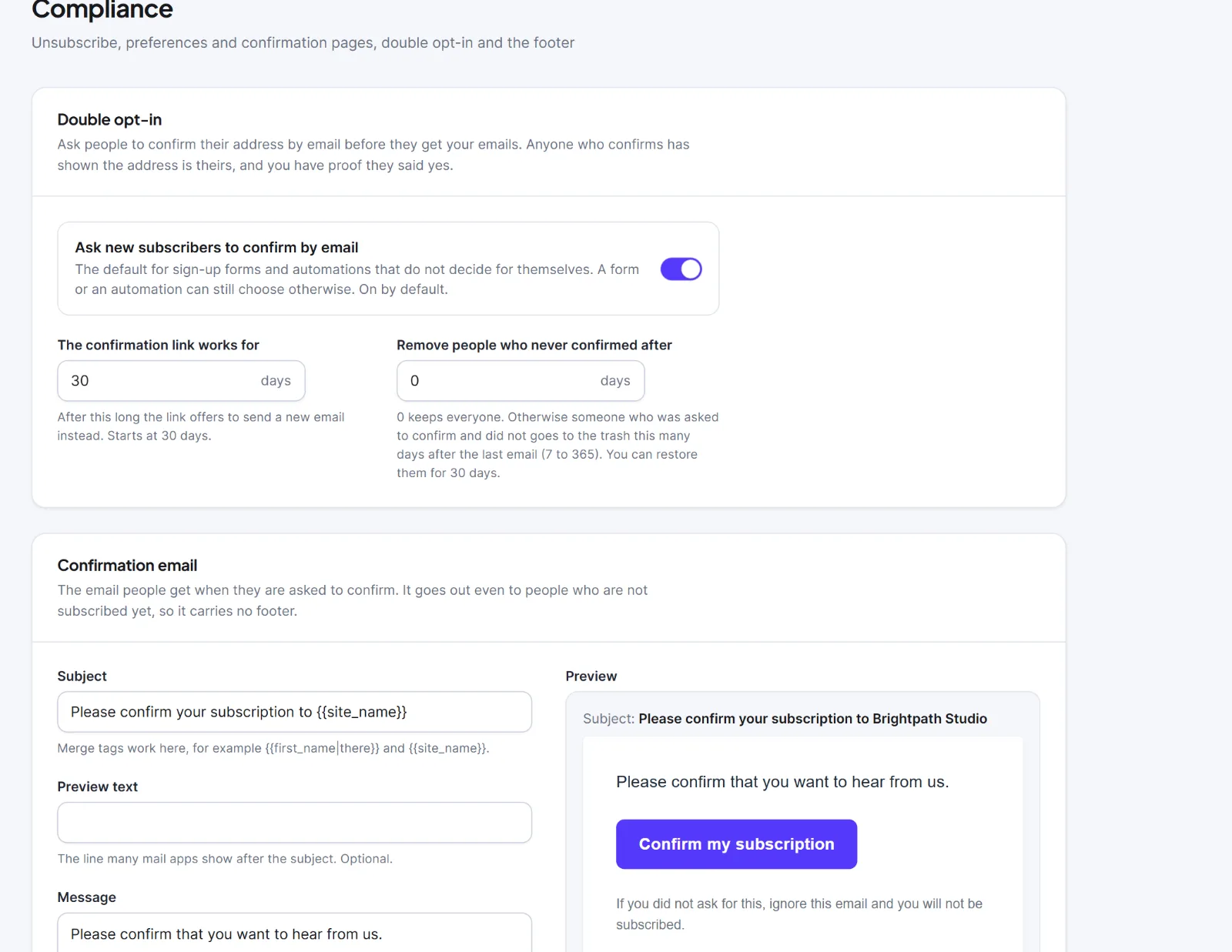 The top of the Compliance tab with the Double opt-in, Confirmation email and After confirming cards