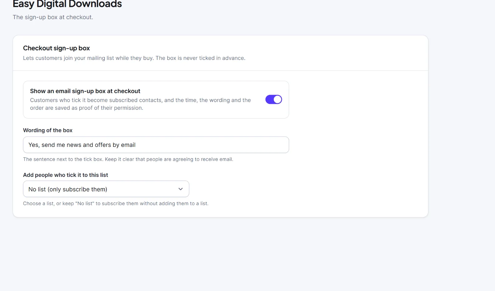 Settings: Easy Digital Downloads 1 The Easy Digital Downloads tab with the Checkout sign-up box card