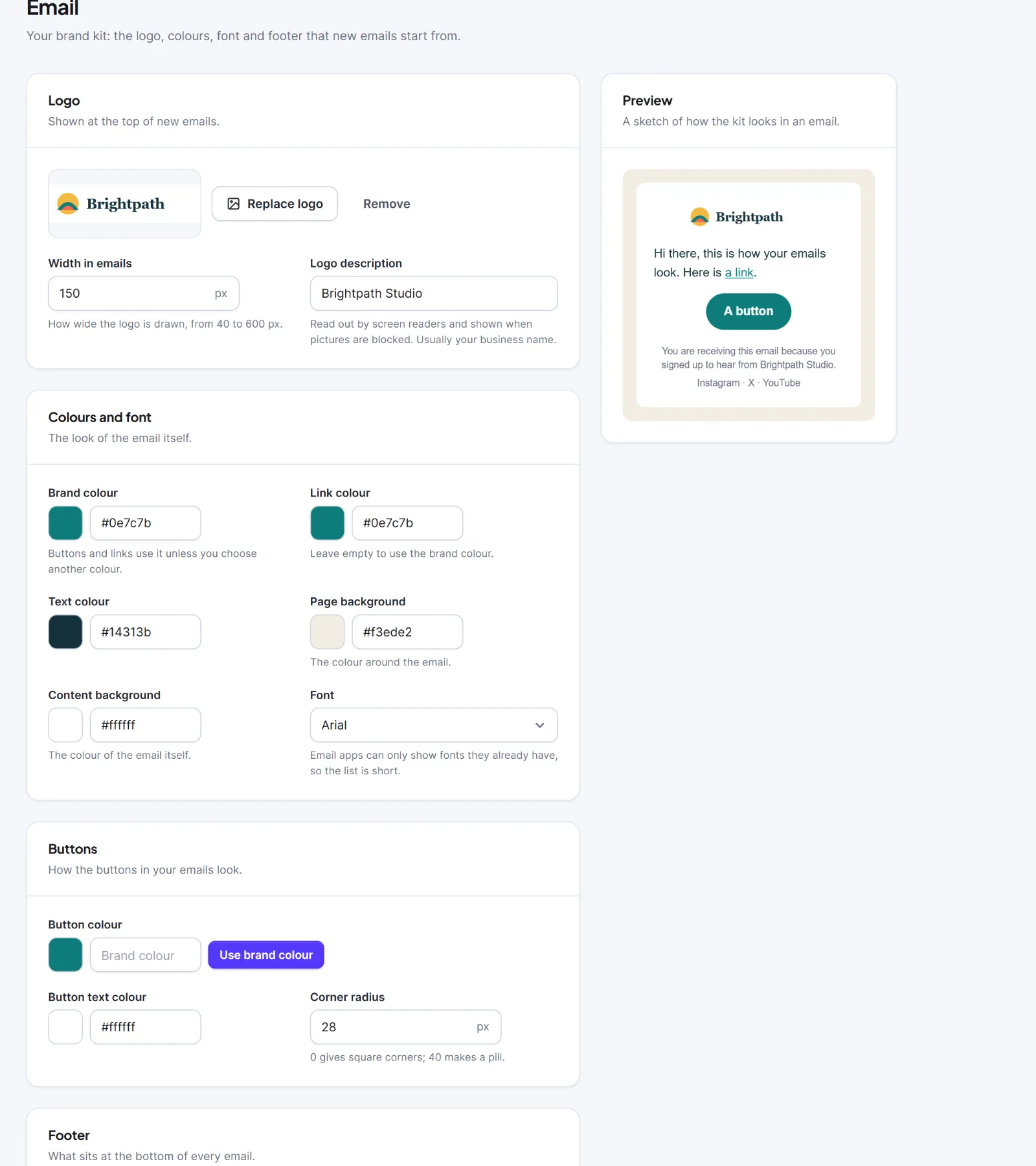 The Email tab with all cards on the left and the preview on the right