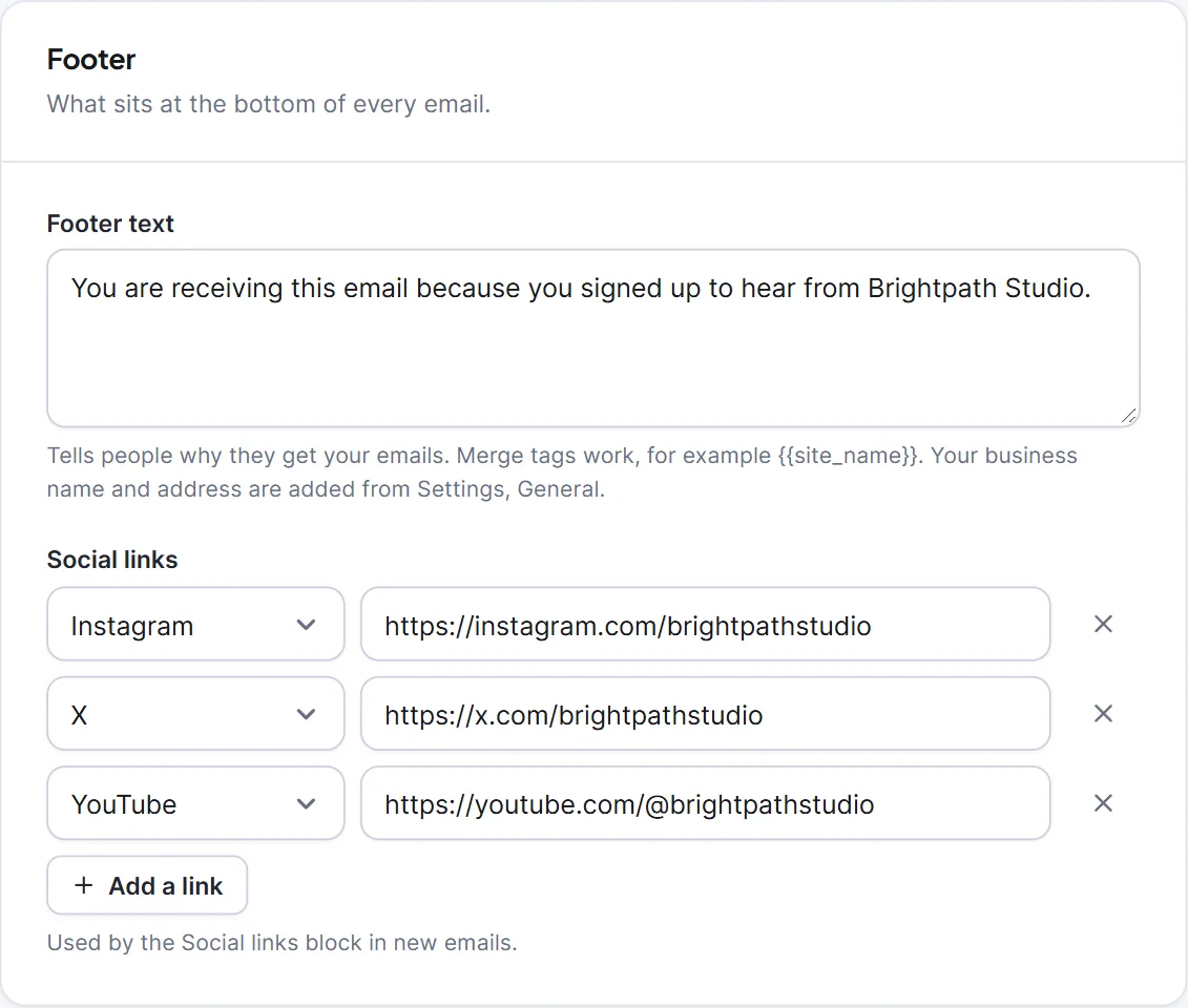 The social links rows in the Footer card