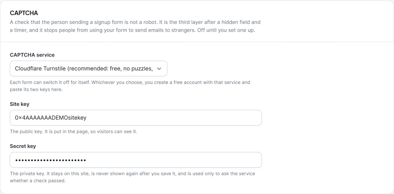 Spam protection and CAPTCHA for signup forms 1 The CAPTCHA card with Turnstile chosen, the site key filled in and the secret key shown as dots.