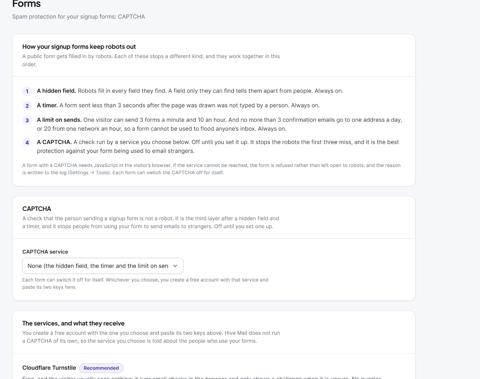 The Forms tab with the protection card, the CAPTCHA card and the services card