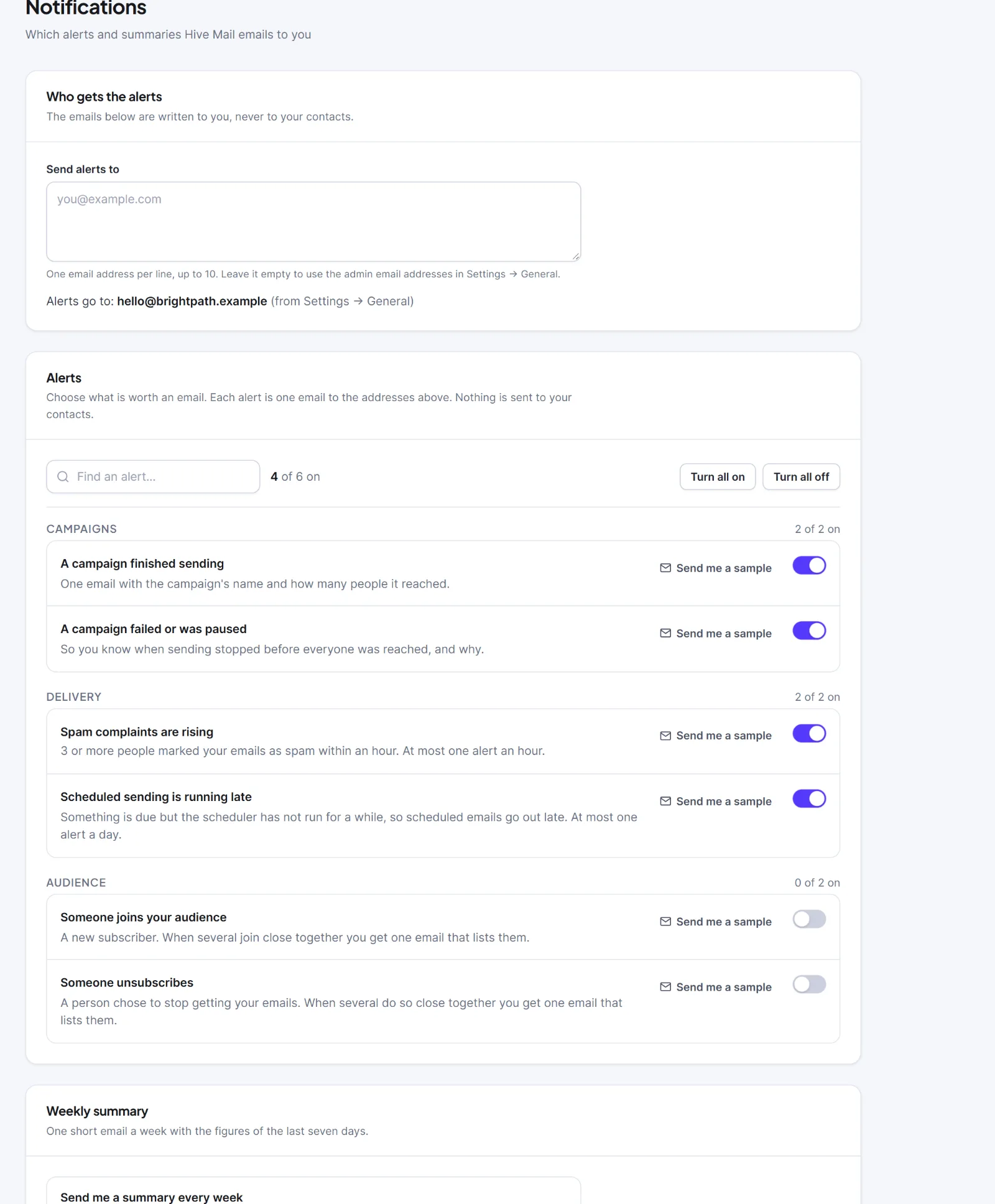Settings: Notifications 1 The Notifications tab with the four cards