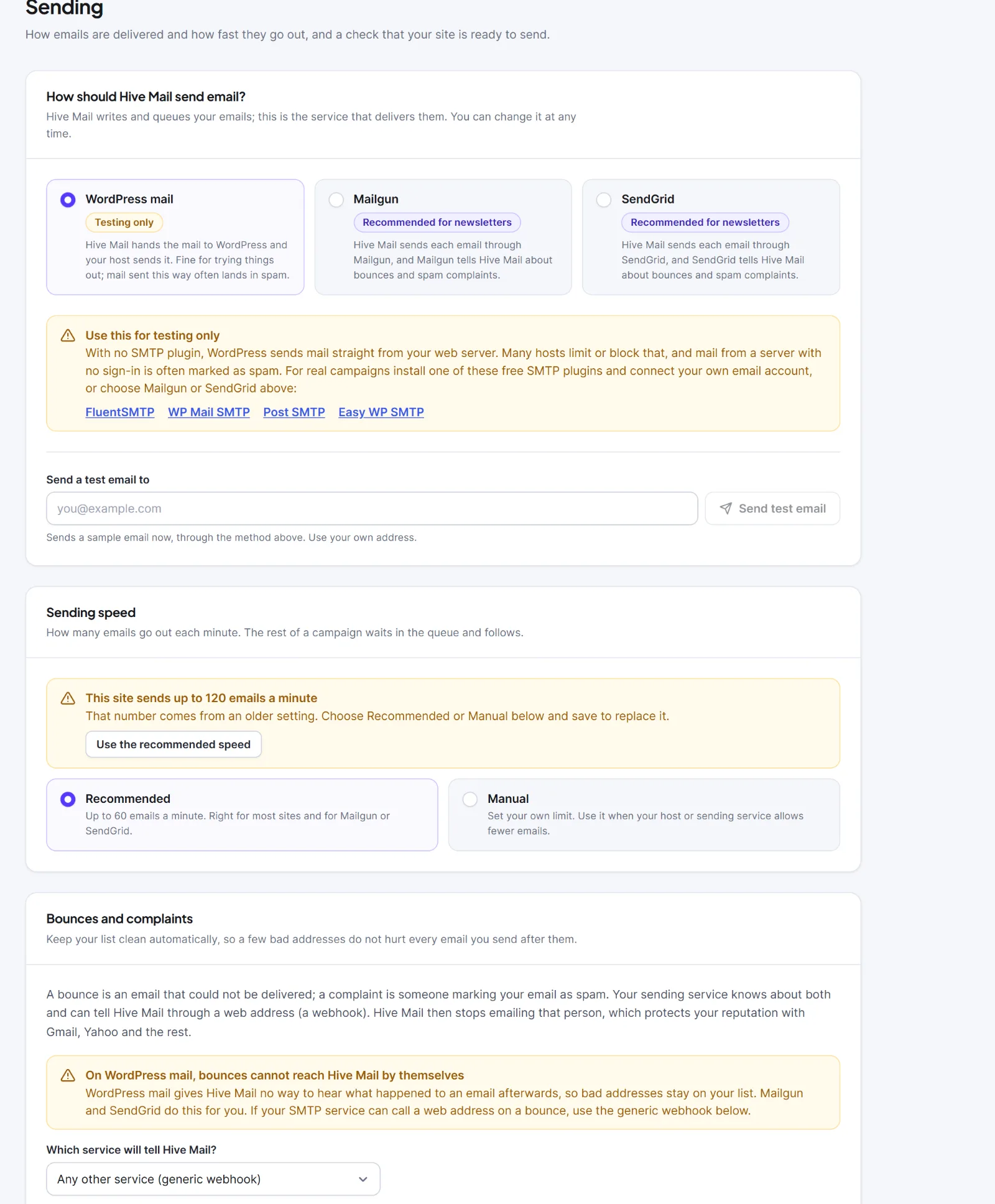 The Sending tab with the method cards, speed, bounces, readiness checklist and merge tags