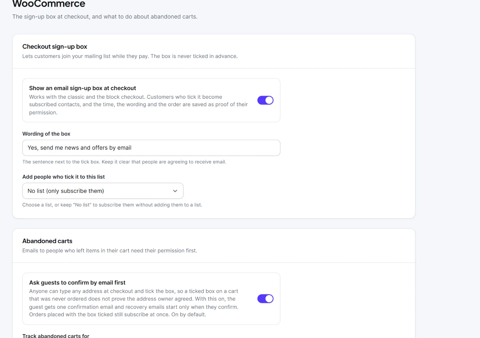 The WooCommerce tab with the Checkout sign-up box and Abandoned carts cards