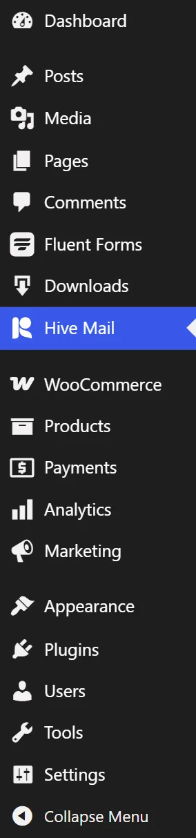 The Hive Mail item in the WordPress admin menu