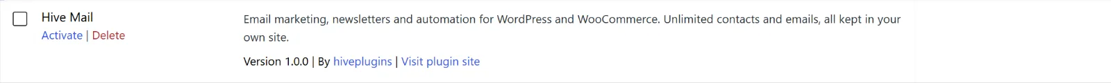 The WordPress Plugins screen with Hive Mail listed and the Activate link