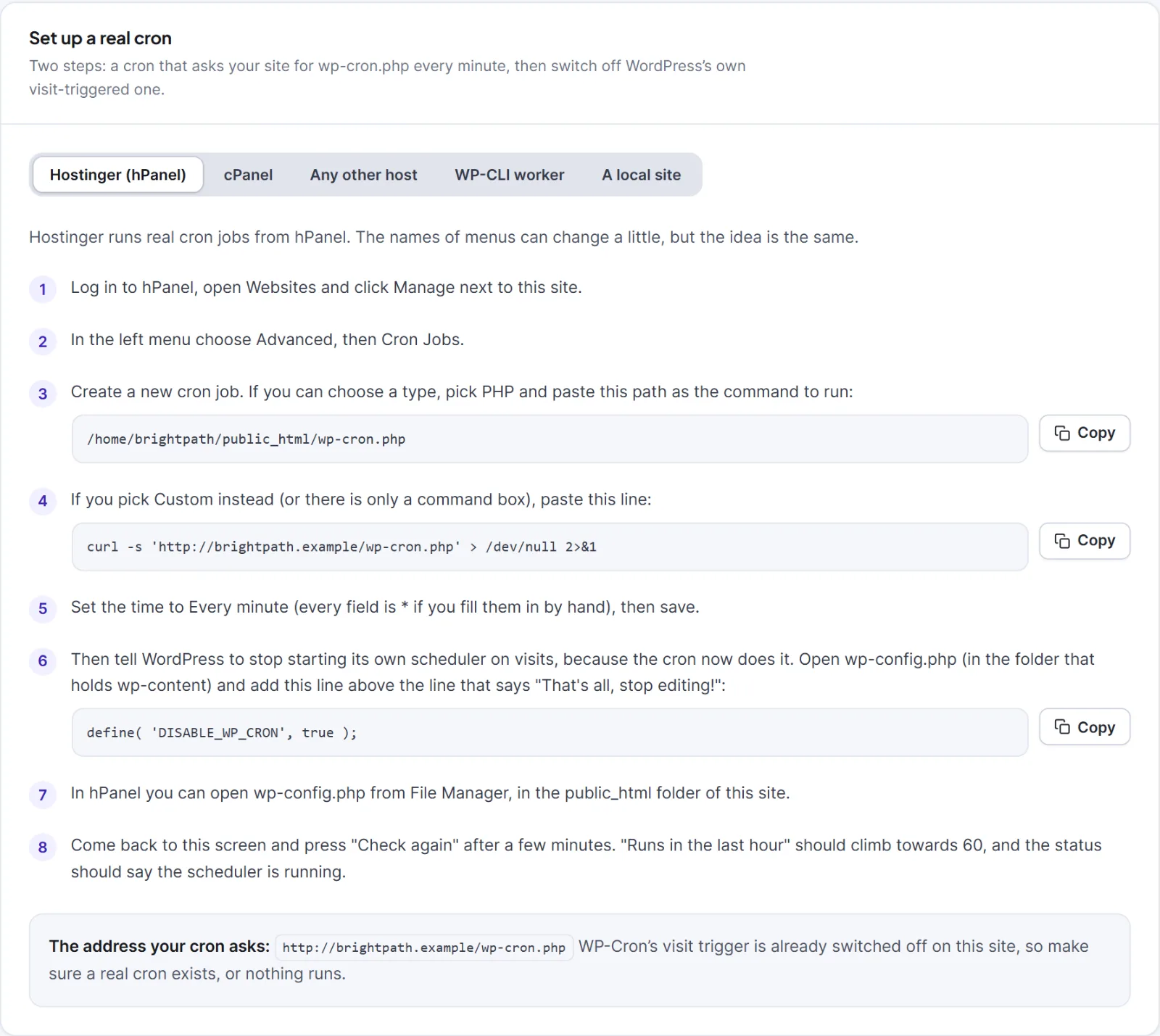 The Set up a real cron guide with the Hostinger tab open