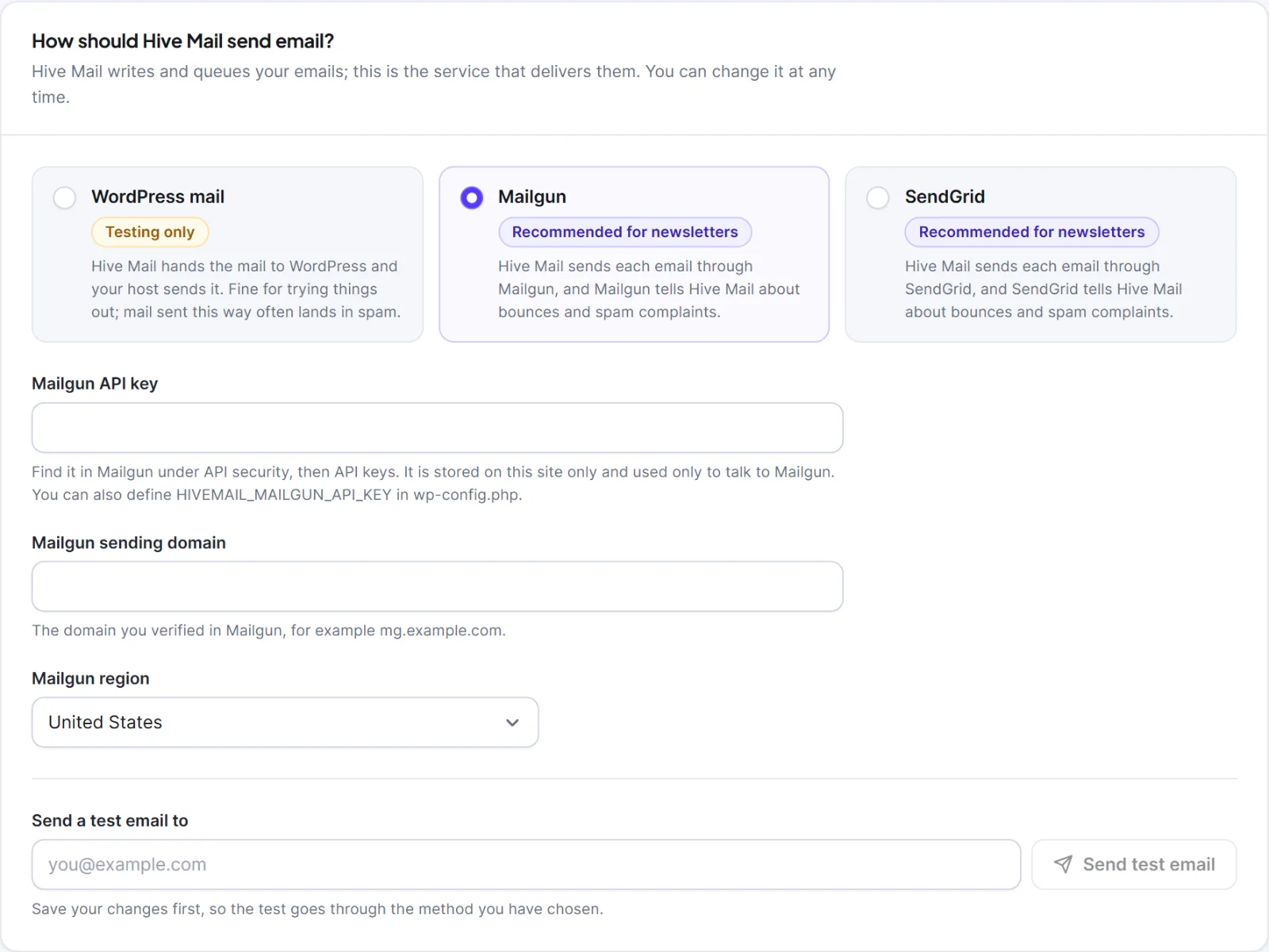 How Hive Mail sends email 1 The Sending settings with the three delivery method cards and Mailgun selected