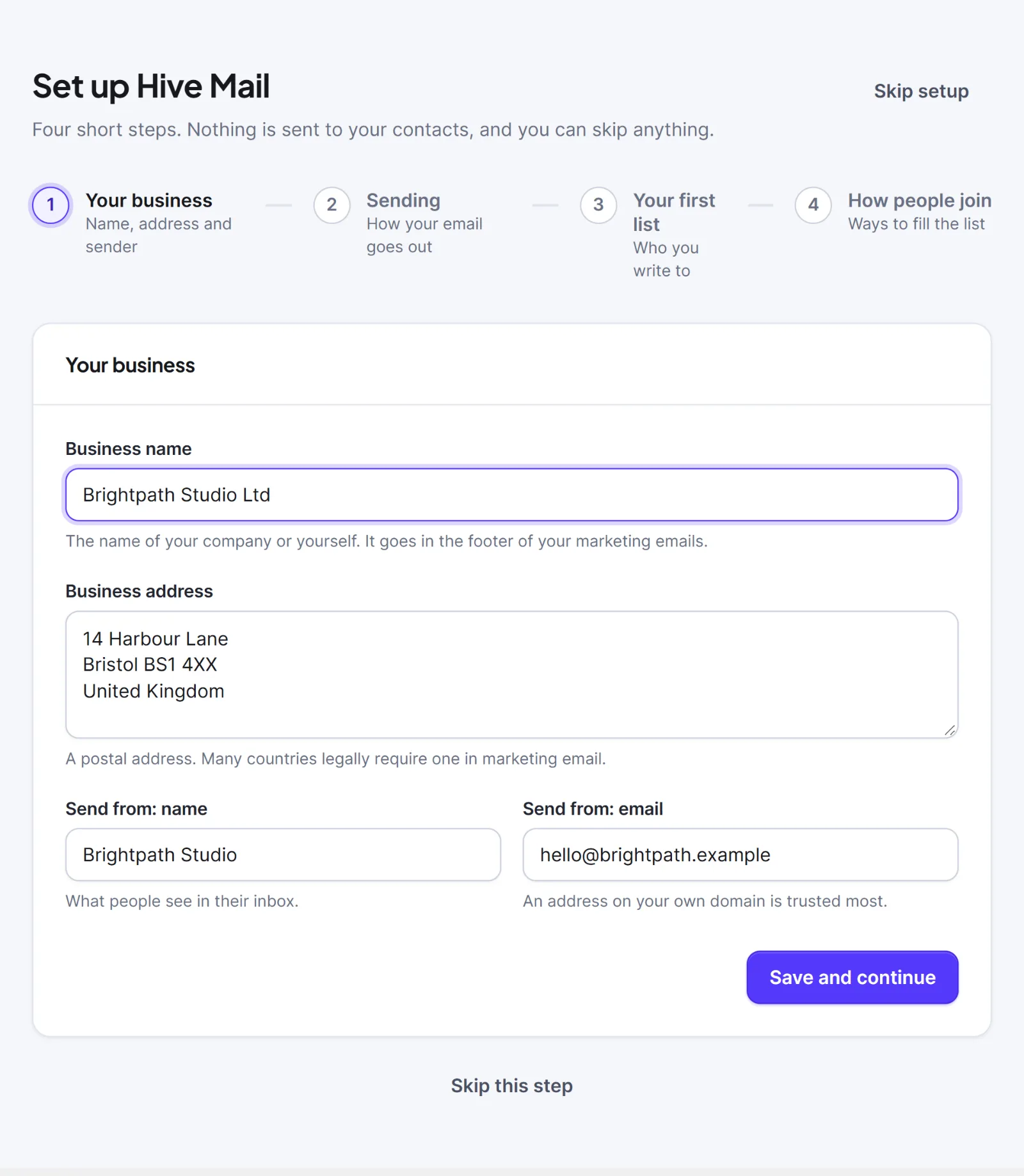 The setup wizard, step 1, Your business