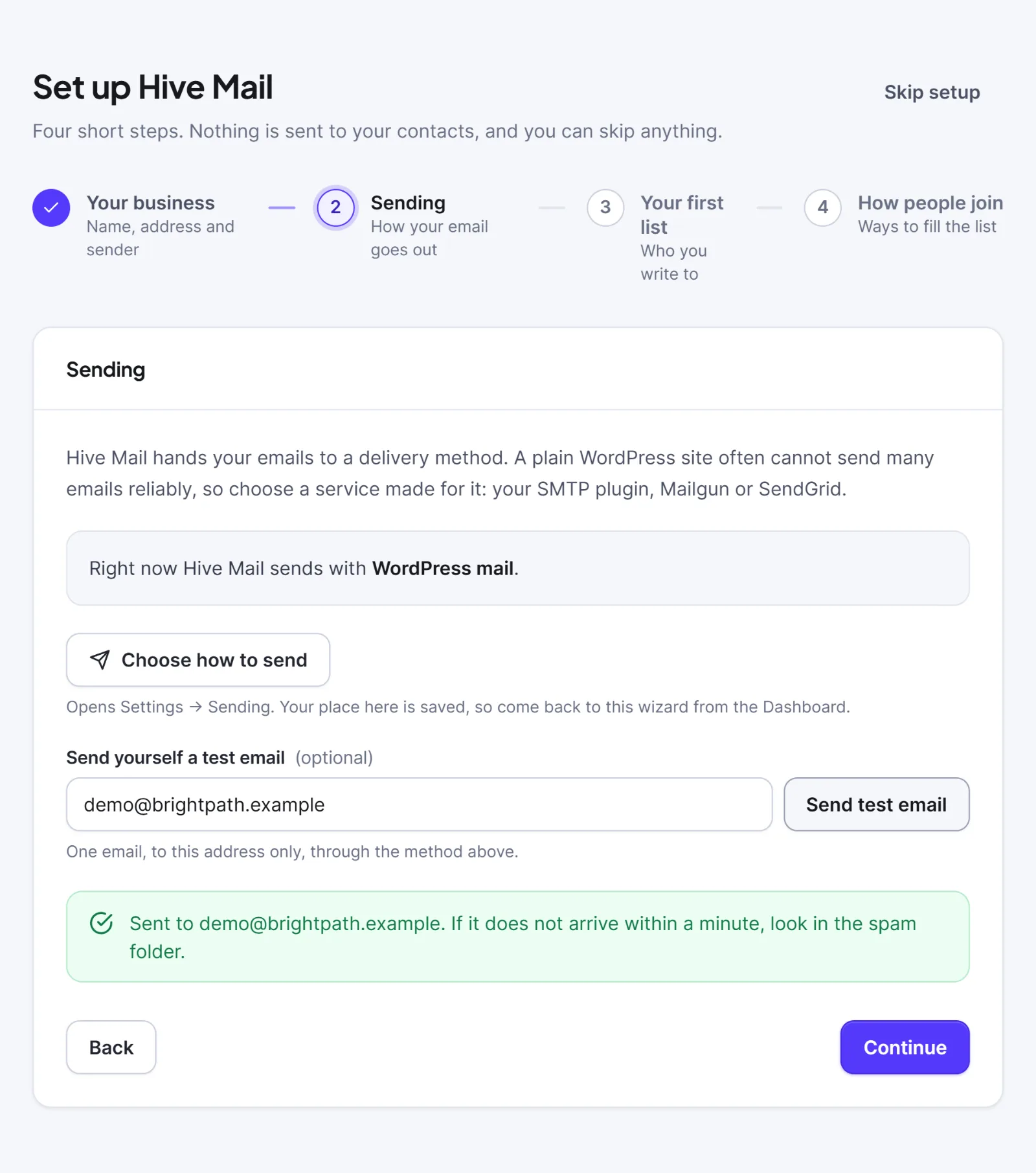 The setup wizard, step 2, Sending, with a successful test email