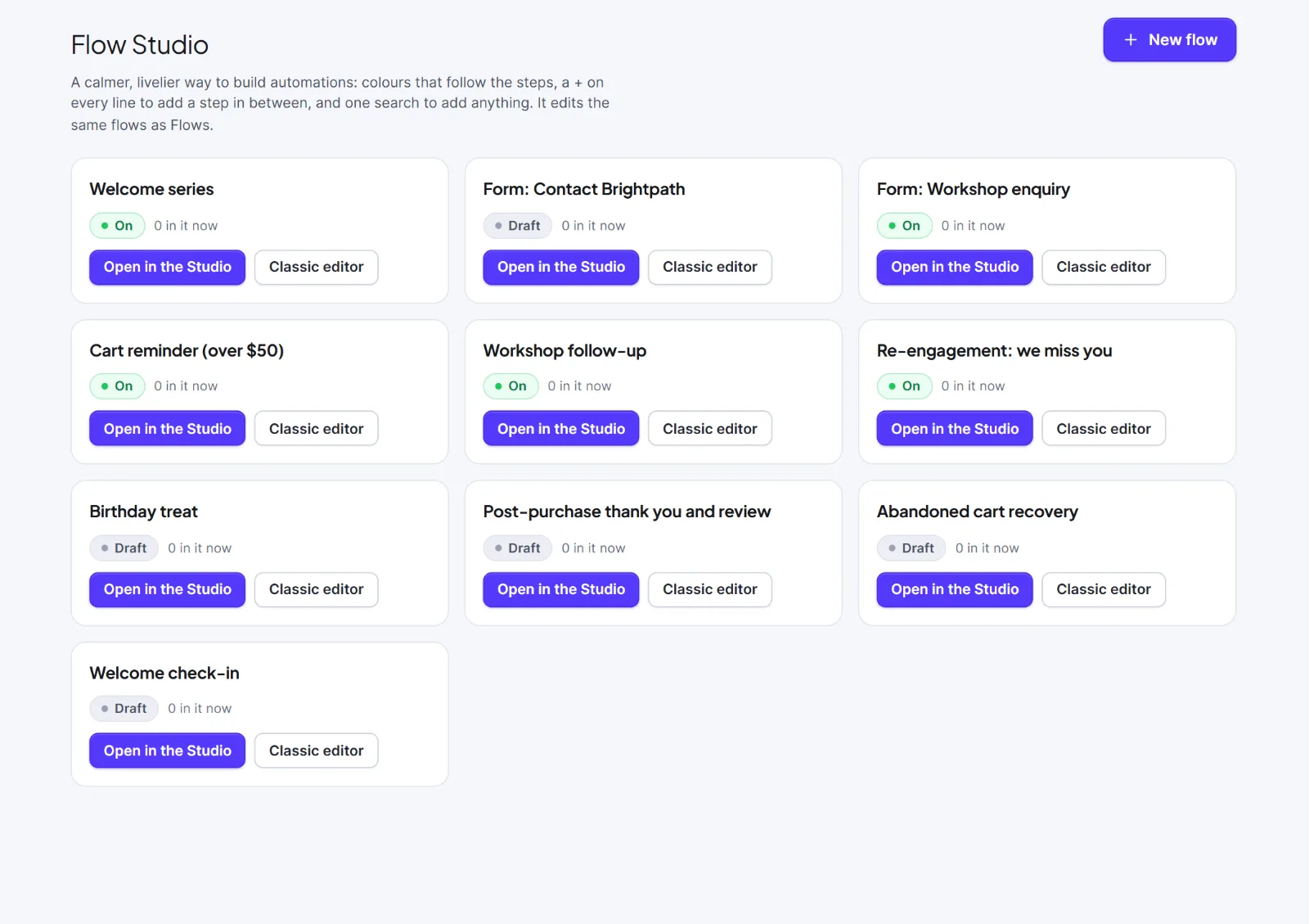 The Flow Studio home with flow cards, each with Open in the Studio and Classic editor
