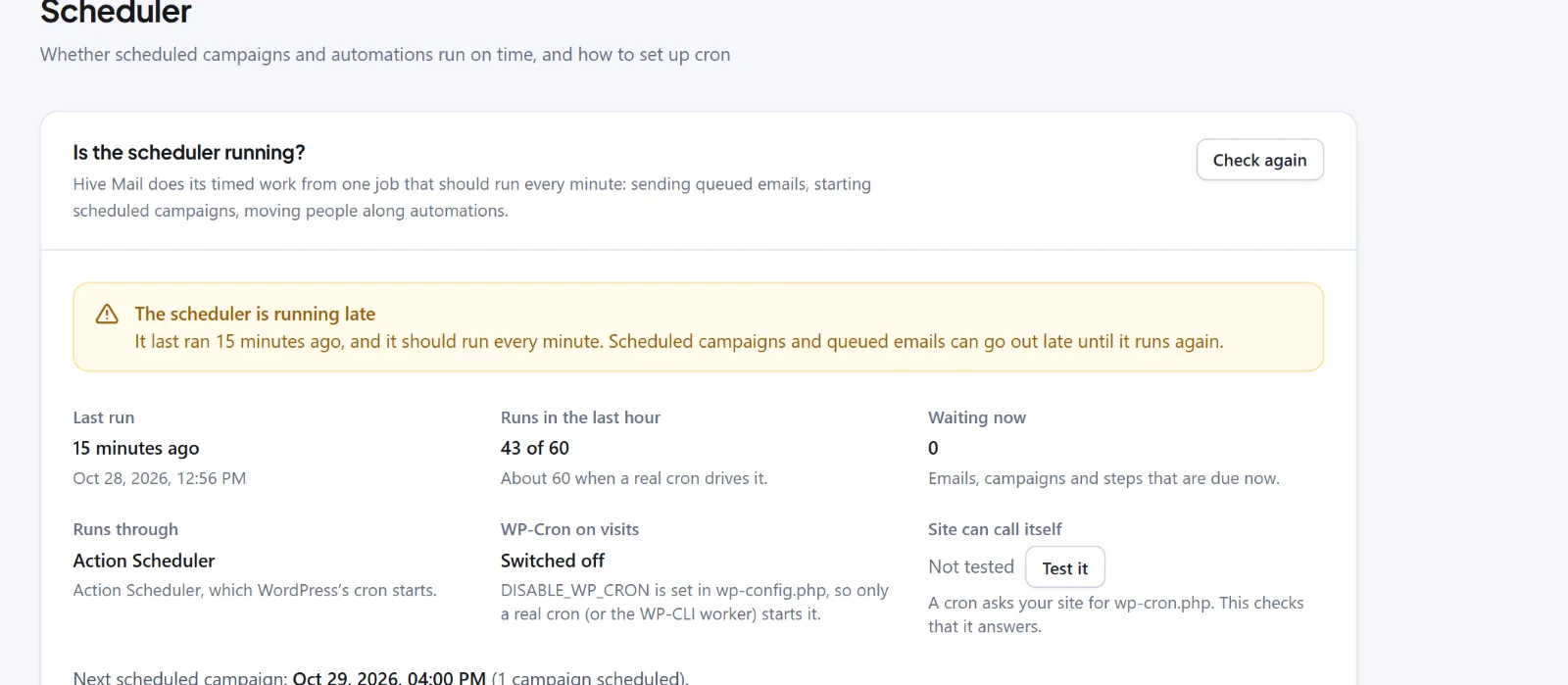 A scheduled campaign did not go out 1 The Scheduler tab with the amber status box "The scheduler is running late" and the facts grid