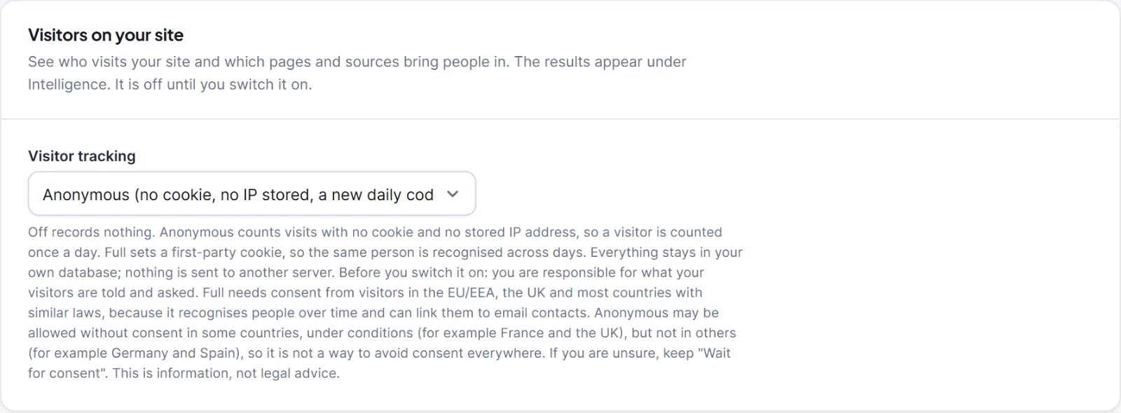 Visitor tracking shows nothing 1 The Visitors on your site card with Visitor tracking set to Anonymous