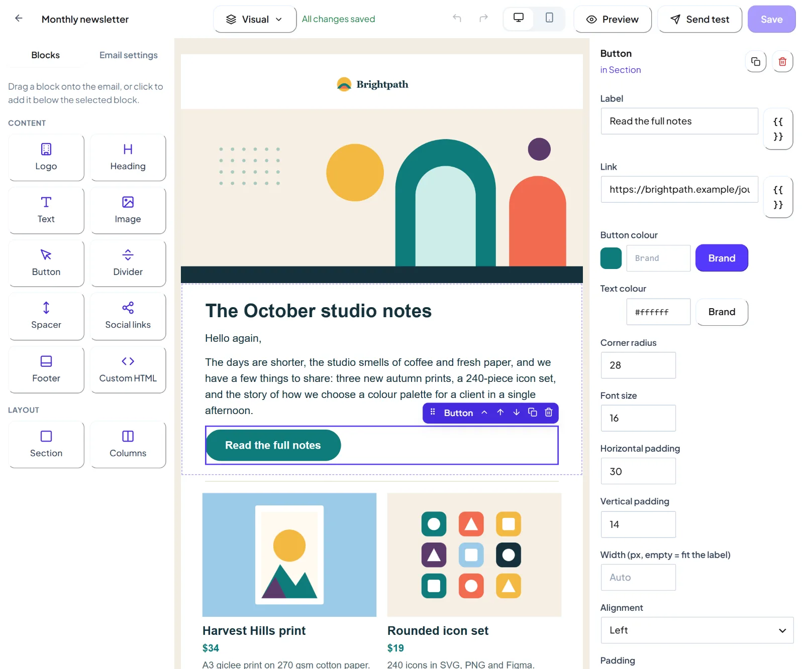 The HiveMail visual email builder with a newsletter open